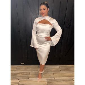 White satin corset long sleeve midi dress